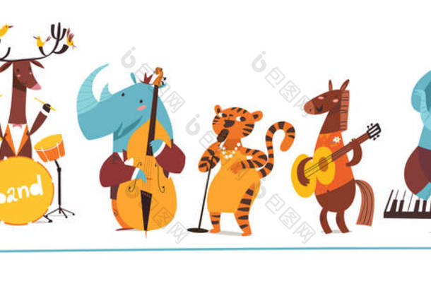 一群来自不同动物的爵士乐手,他们演奏乐器,唱歌.爵士音乐人 