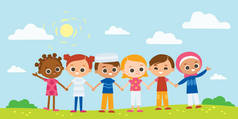 快乐的孩子牵着手。国际儿童节。与儿童的暑期背景.