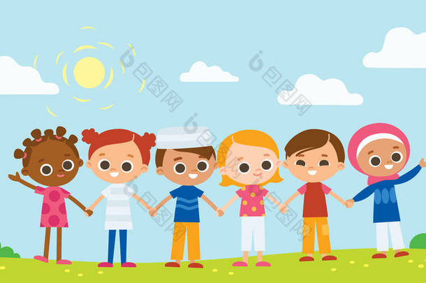 快乐的孩子牵着手。<strong>国际儿童节</strong>。与儿童的暑期背景.