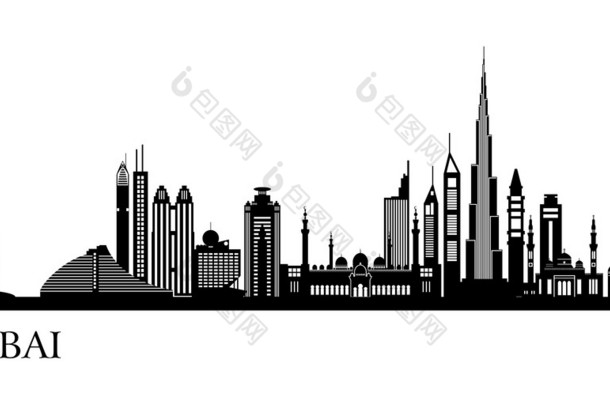 迪拜城市天际线详细的剪影