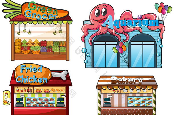 fruitstand、 水族馆、 食品摊贩和一家面包店