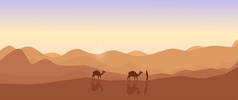 沙漠中的骆驼。带沙和日落的风景