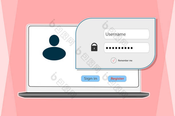 登录和注册表单的接口设计。计算机上的页面，登录到Web元素。B.