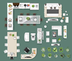  内部图标顶视图、 树、 家具、 床、 沙发、 扶手椅，为建筑或景观设计，map.vector 图