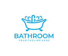 浴室，浴缸，浴缸，浴缸，水搅拌器和滴水器，标志设计。水管、洗浴、清洁卫生、设计和说明