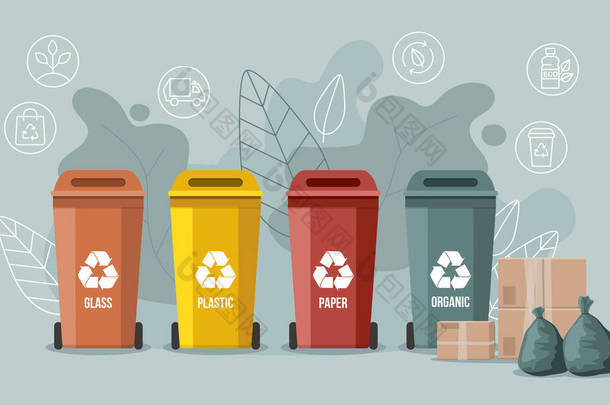 废物分类。垃圾箱。有机废物、电子废物、塑料、纸张、玻璃和金属垃圾箱。回收垃圾