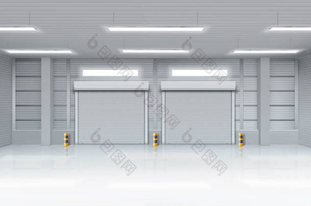 空空如也的仓库，有滚动的门，有快门的仓库内部，天花板上有照明灯。交付服务、工业室租赁储存设施、现实的3D说明