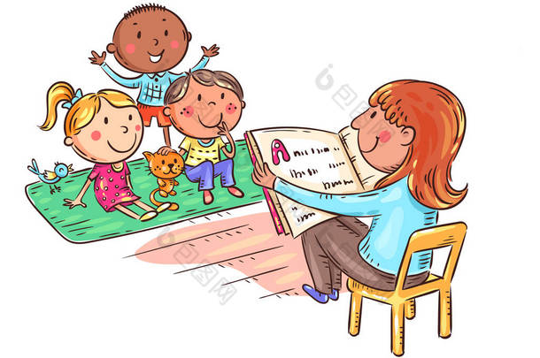 老师在幼儿园给孩子们读书