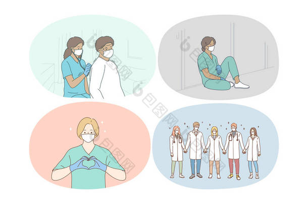 医生团队合作，共同努力反对COVID-19大流行病概念