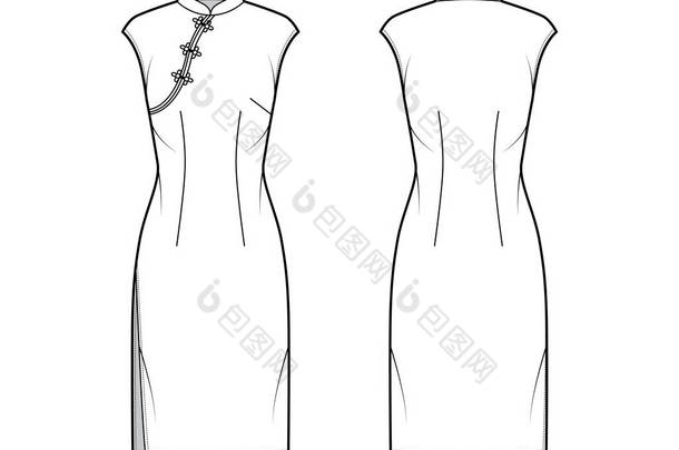 齐宝旗袍技术时尚<strong>图例</strong>与短袖，合身，膝盖长铅笔裙。扁平 