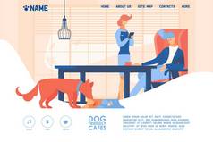 概念横幅适合狗友好的咖啡馆或餐厅绘制明亮的橙色和蓝色。小狗从碗里吃，服务员从客户点菜，室内场景在平面风格.