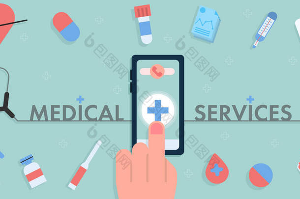 概念在线医疗服务载体图解和医疗平面图标设计.将医疗服务与智能手机应用联系起来.