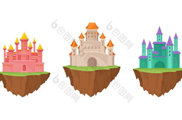 高大的城堡，<strong>塔楼</strong>和城墙作为中古石制<strong>建筑</strong>，坐落在漂浮的落基岛群之上