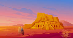 埃及沙漠，有Hatshepsut神庙和骆驼