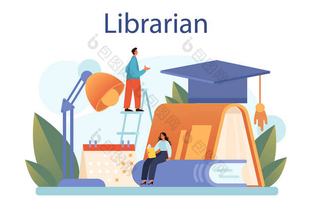 图书管理员的概念。图书馆工作人员对书籍进行编目和分类.