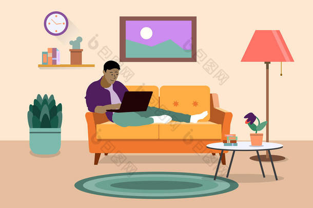 在家里工作的自由职业者把笔记本电脑放在舒适的沙发上。自营职业，自由，在客厅里。EPS