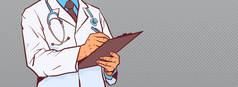特写的医生举行剪贴板制作笔记写诊断或处方水平横幅与复制空间