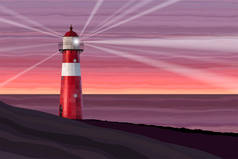黄昏时海上的一座红白相间的灯塔