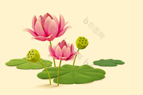 美丽的粉红色<strong>荷花</strong>和绿叶的3D自然植物元素。夏天、禅宗和宁静的概念.
