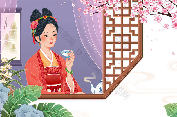中国古代女孩坐在窗边，享受着一杯热茶，享受着平面设计中的休闲与<strong>健康生活</strong>