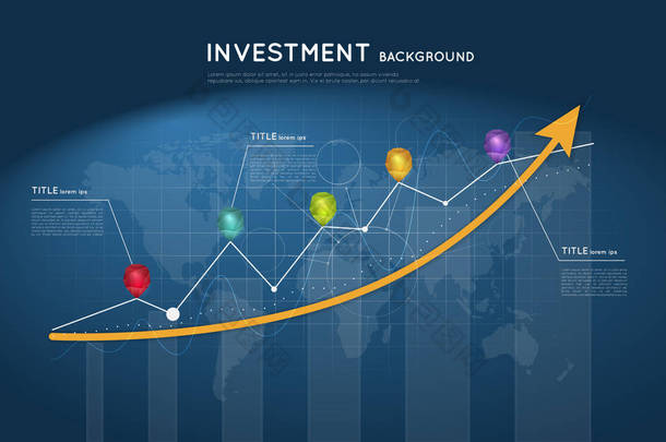 投资背景。带有图形和彩色水晶指针<strong>的上升箭头</strong>