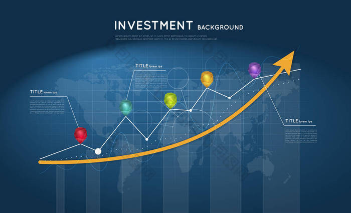 投资背景。带有图形和彩色水晶指针的上升箭头