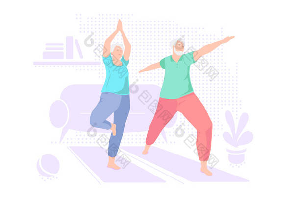 上了年纪的夫妻在家做瑜伽。室内休闲活动。积极健康的生活方式被隔离。运动，适合老年人。平衡训练。老年男女练习图解