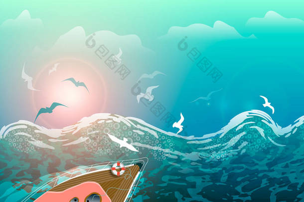 海上风暴、海浪和海鸥、游艇在日落时在海浪上航行、夏季海景.