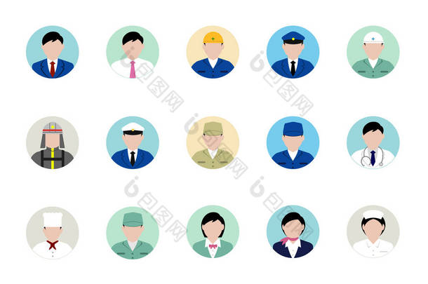 圆形工人头像图标插图集（上半身）/商人、蓝领工人、pol