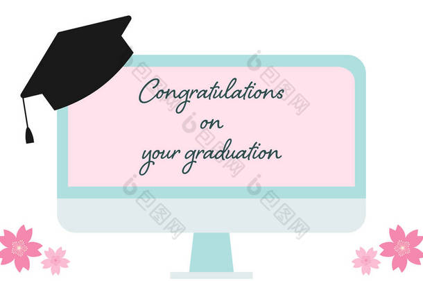 网上毕业典礼图片，监视器上的贺词