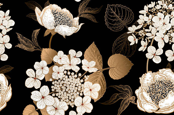 牡丹和绣球花。花卉复古无缝图案。金色和白色的花束，树叶，