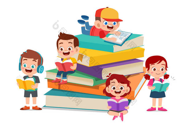 快乐的孩子们一起读书和学习