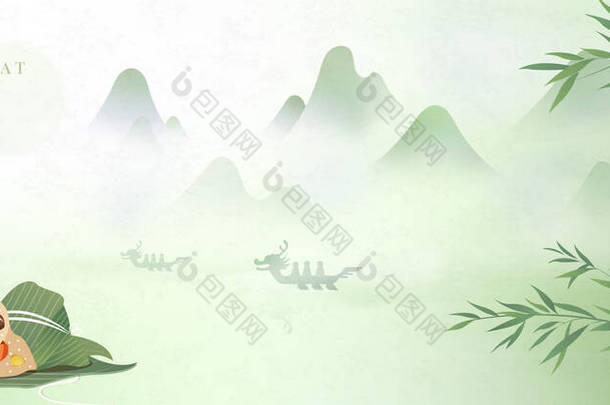 端午节的背景是米饺子竹叶和山湖自然景观。<strong>中文</strong>译文：段武与福气