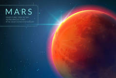 Mars background. Red planet with texture in outer space. Rising sun and mars landscape vector 3d con