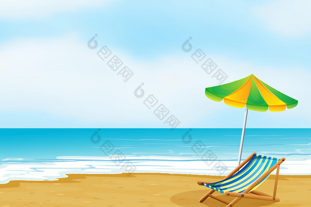 一个带伞和折叠床的放松海滩