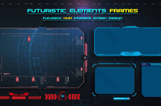 HUD、UI、UX GUI未来用户界面屏幕元素集。电子游戏的高科技屏幕。Sci-f