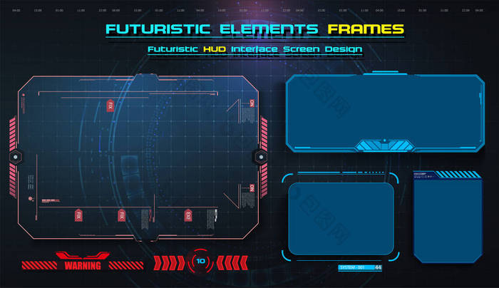 HUD、UI、UX GUI未来用户界面屏幕元素集。电子游戏的高科技屏幕。Sci-f