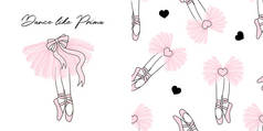 设计一套打印和无缝的背景与跳舞的芭蕾舞演员腿在尖鞋和粉红色透明芭蕾裙子.
