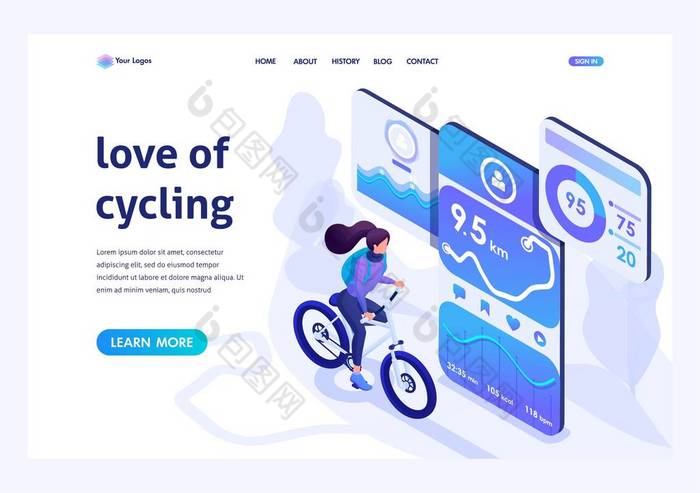 对于主题的着陆页，如骑自行车、使用移动应用程序骑自行车等轴测设计概念。用于广告概念和网页设计
