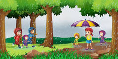 园内景观与孩子们在雨中