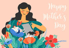 母亲节快乐。妇女和儿童在花朵中的图解.