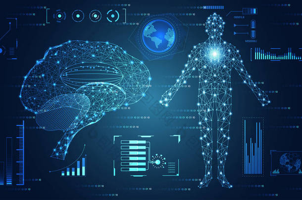 抽象技术用户界面未来概念大脑和人体显式界面全息图元素数字数据图, 通信, 计算和健康创新的<strong>高科技</strong>未来<strong>设计</strong>背景