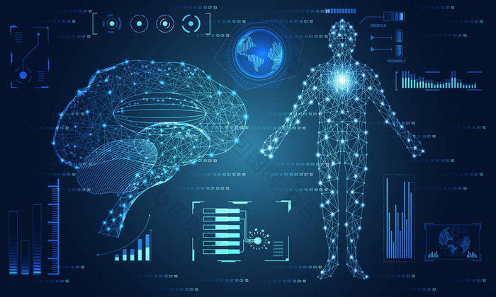 抽象技术用户界面未来概念大脑和人体显式界面全息图元素数字数据图, 通信, 计算和健康创新的高科技未来设计背景