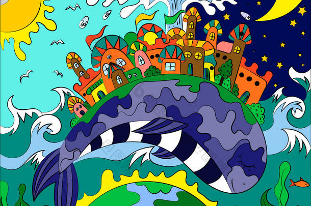 在鲸鱼的背上画了一个城市的童话故事。 地球日<strong>日夜</strong>夜.