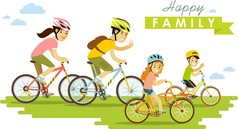 快乐的家庭骑自行车与白色背景隔离，风格平坦