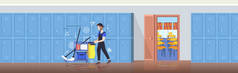 男用清洁卫生推车提供男用清洁卫生服务概念现代学校走廊内部有一排全长卧式锁