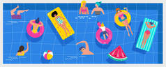 顶级海景海滩背景, 泳池派对, 夏季水活动, 场面与许多微小的人, 字符, 雨伞, 球和孩子