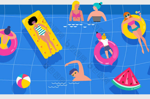 顶级海景海滩背景, 泳池<strong>派</strong>对, 夏季水活动, 场面与许多<strong>微</strong>小的人, 字符, 雨伞, 球和孩子