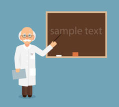教授、科学家或医生通过指向黑板文本的指针显示.