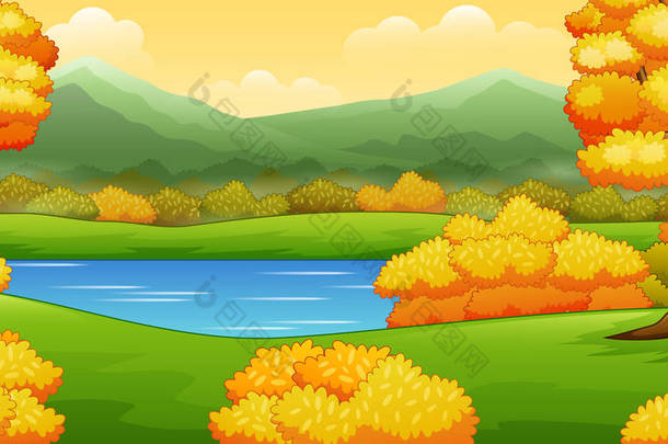 秋天风景与河和树